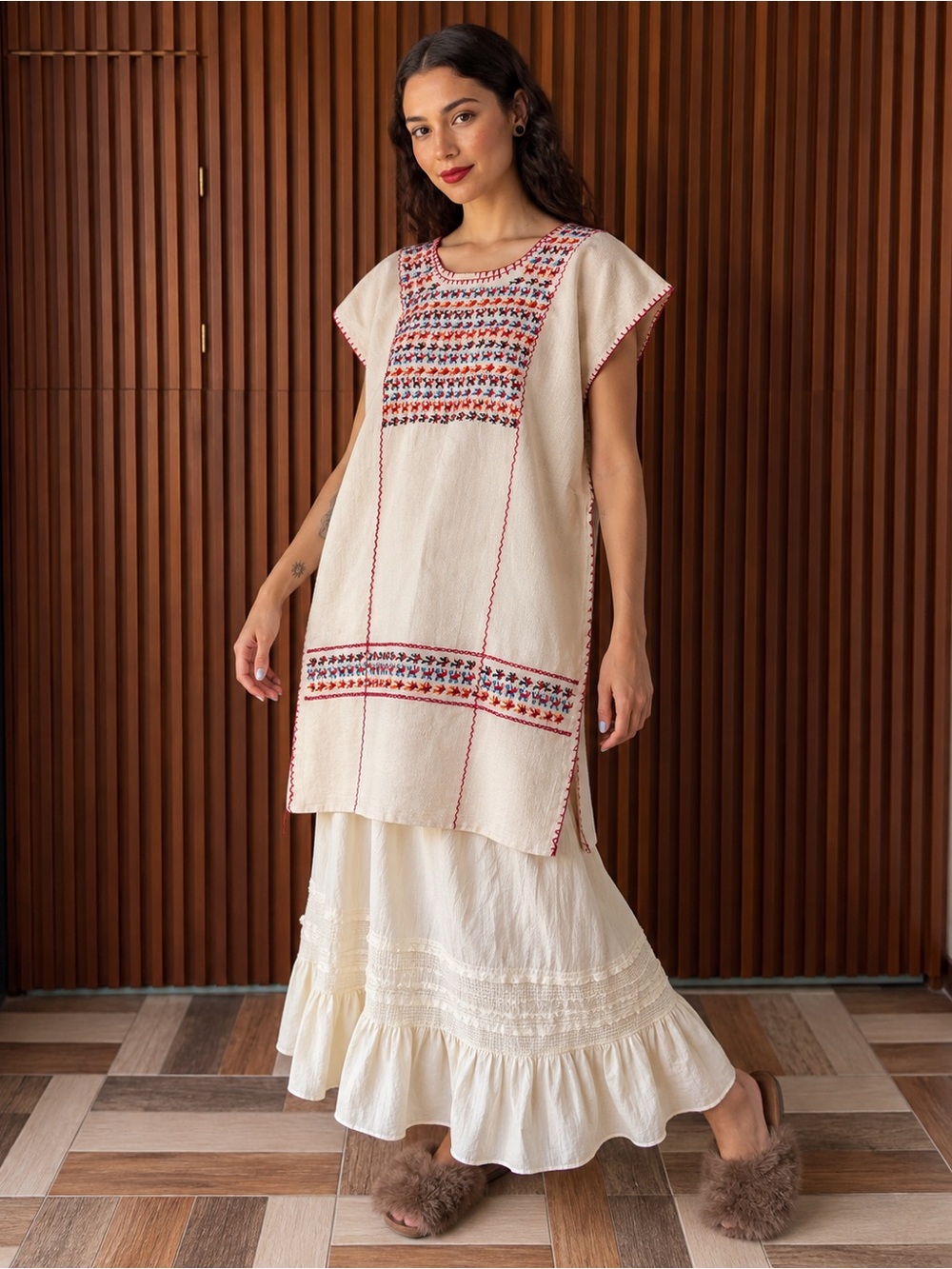 El Interior La Sirena Embroidered Mexican Cotton Huipil Tunic Top 🌺 Onesize